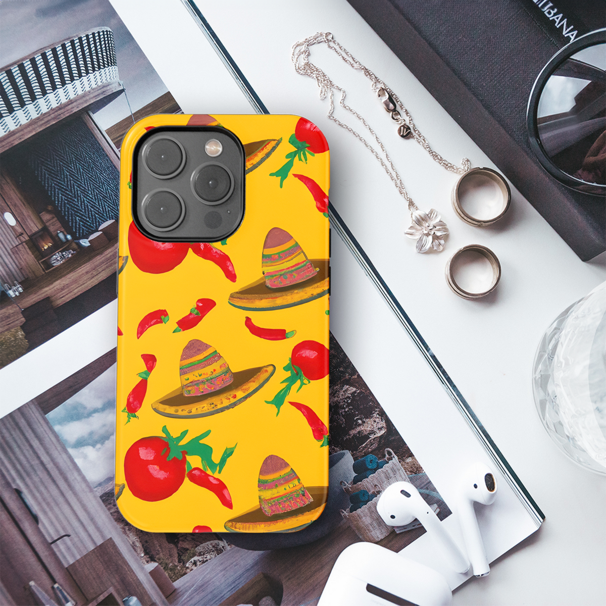 Mexican Hat with Tomatoes Jalapenos Surreal Yellow Phone Case iPhone Samsung Cover Pixel 3615 - Image 3