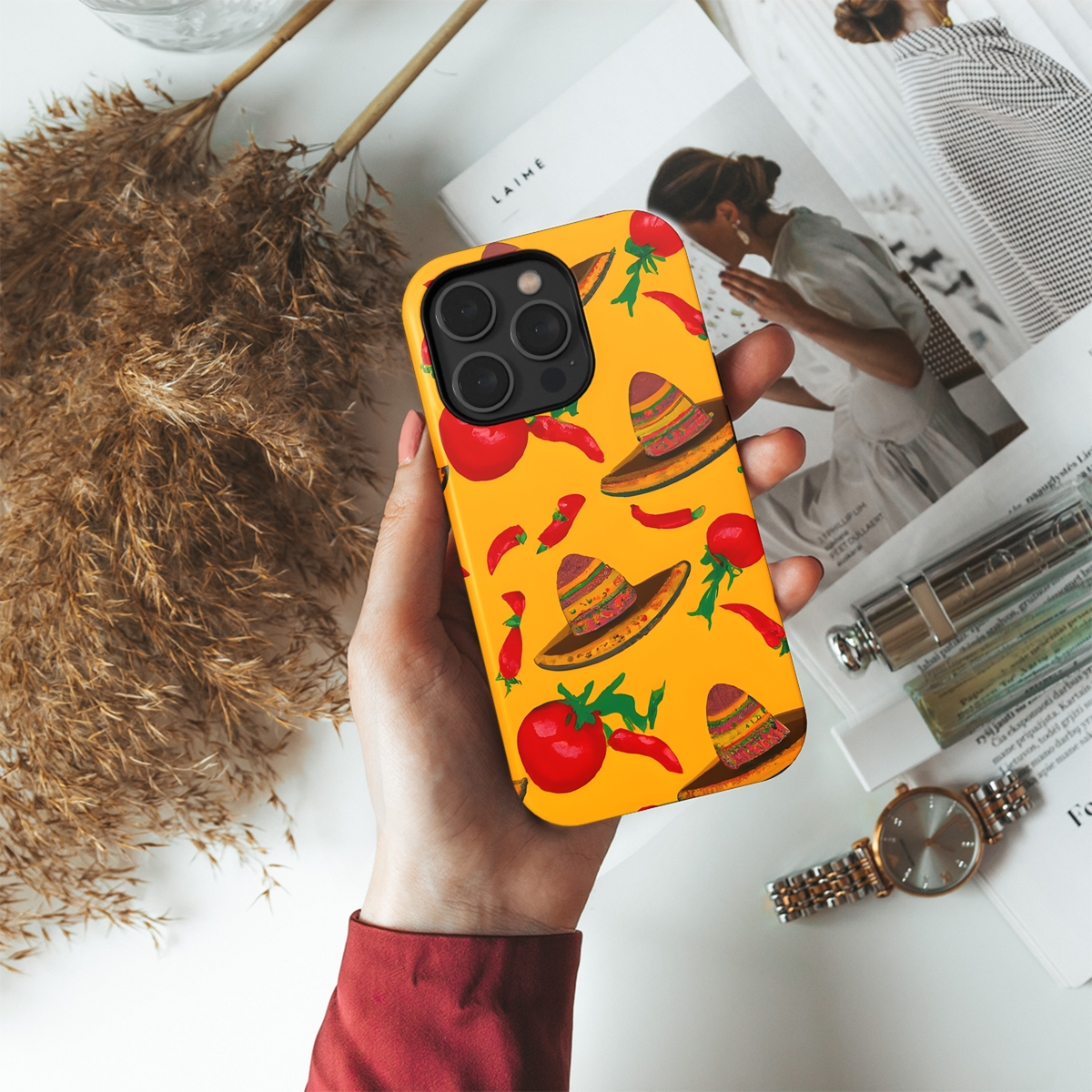 Mexican Hat with Tomatoes Jalapenos Surreal Yellow Phone Case iPhone Samsung Cover Pixel 3615 - Image 4