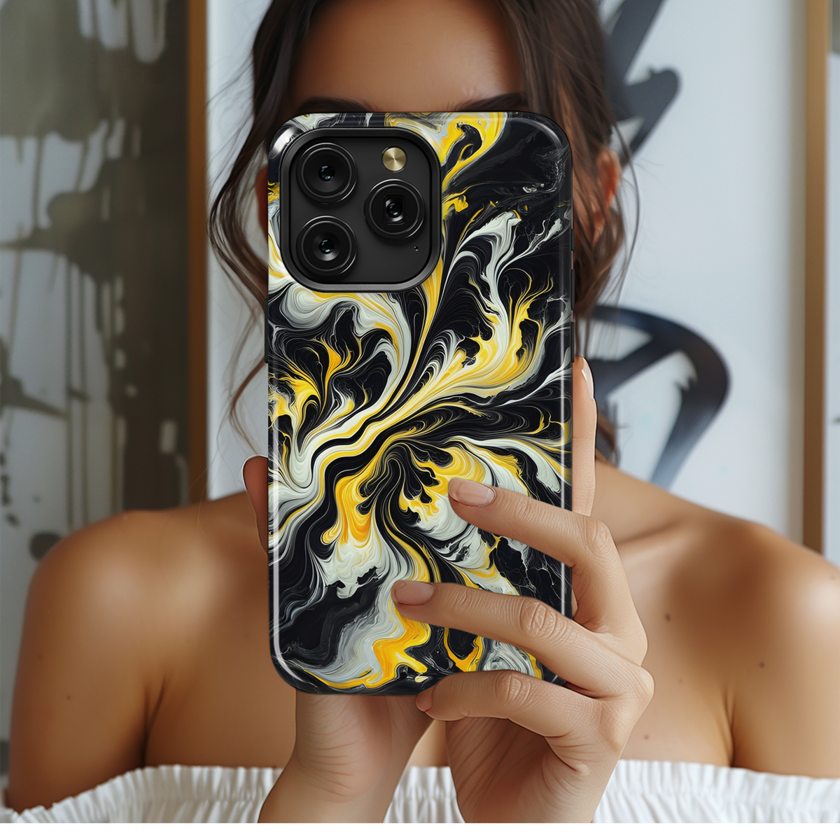 Monochrome Yellow Black Marble Print Phone Case iPhone Samsung Cover Pixel 3534 - Image 2