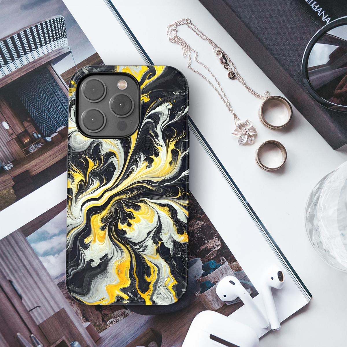 Monochrome Yellow Black Marble Print Phone Case iPhone Samsung Cover Pixel 3534 - Image 3