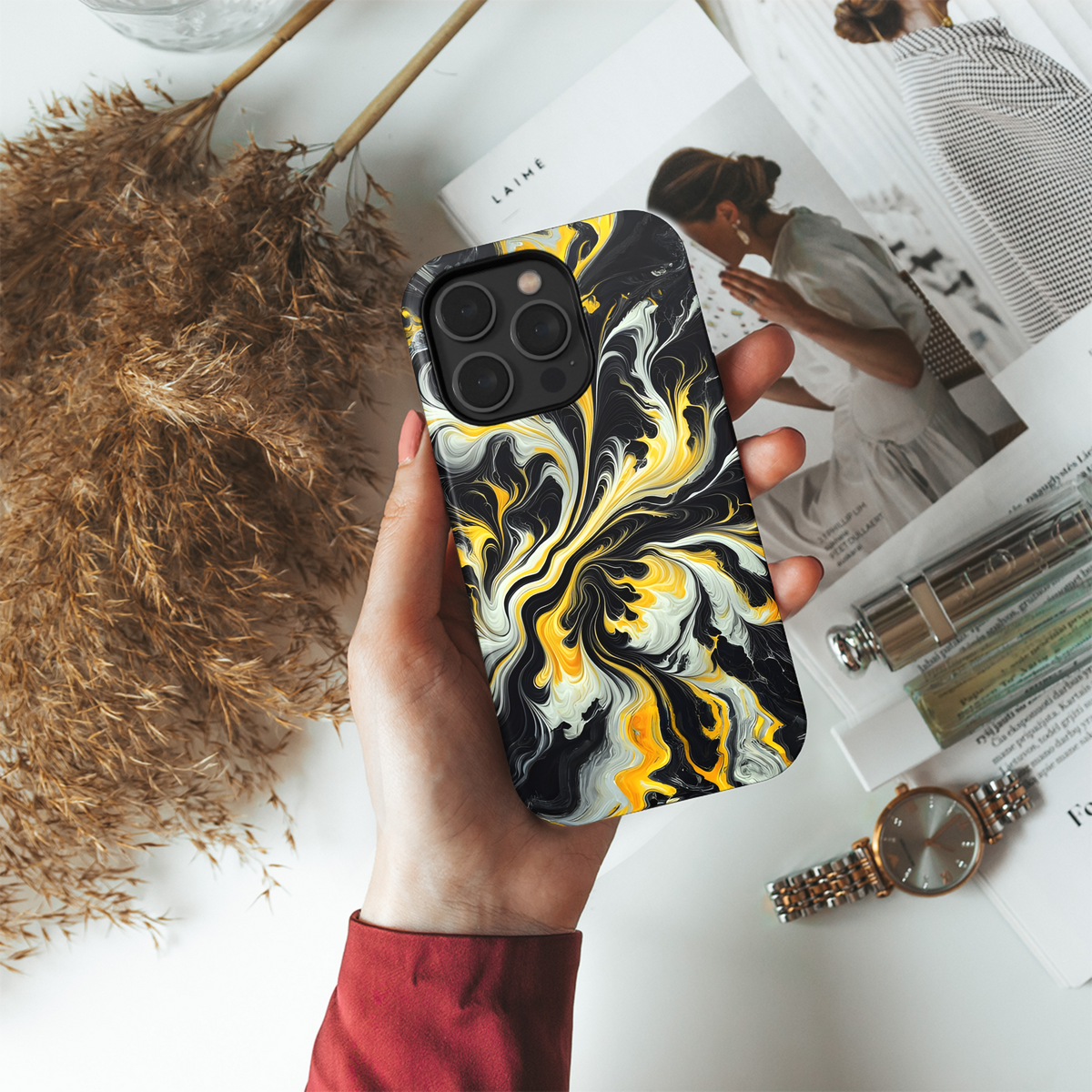 Monochrome Yellow Black Marble Print Phone Case iPhone Samsung Cover Pixel 3534 - Image 4