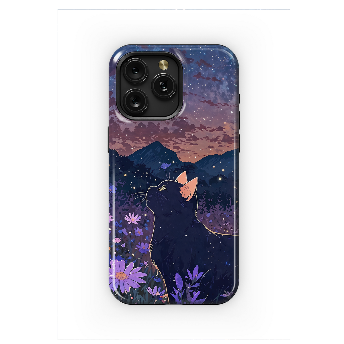 Mystical Black Cat Landscape Flower Field Phone Case iPhone Samsung Cover Pixel 3719 - Image 1