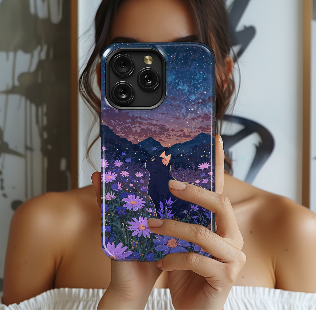 Mystical Black Cat Landscape Flower Field Phone Case iPhone Samsung Cover Pixel 3719 - Image 2