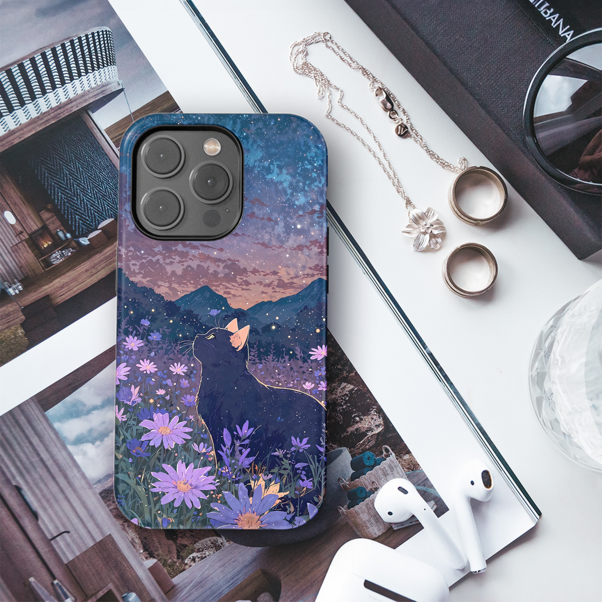 Mystical Black Cat Landscape Flower Field Phone Case iPhone Samsung Cover Pixel 3719 - Image 3