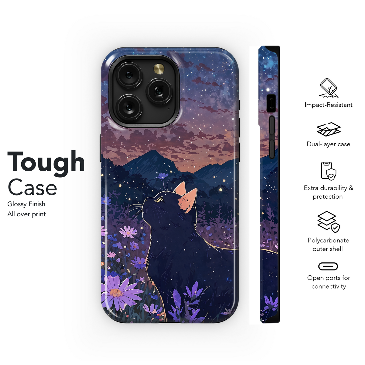 Mystical Black Cat Landscape Flower Field Phone Case iPhone Samsung Cover Pixel 3719 - Image 6