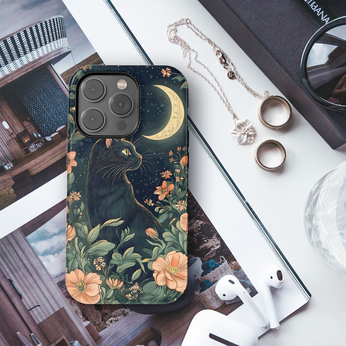 Mystical Night Flower Moon Black Cat Phone Case iPhone Samsung Cover Pixel 3708 - Image 3