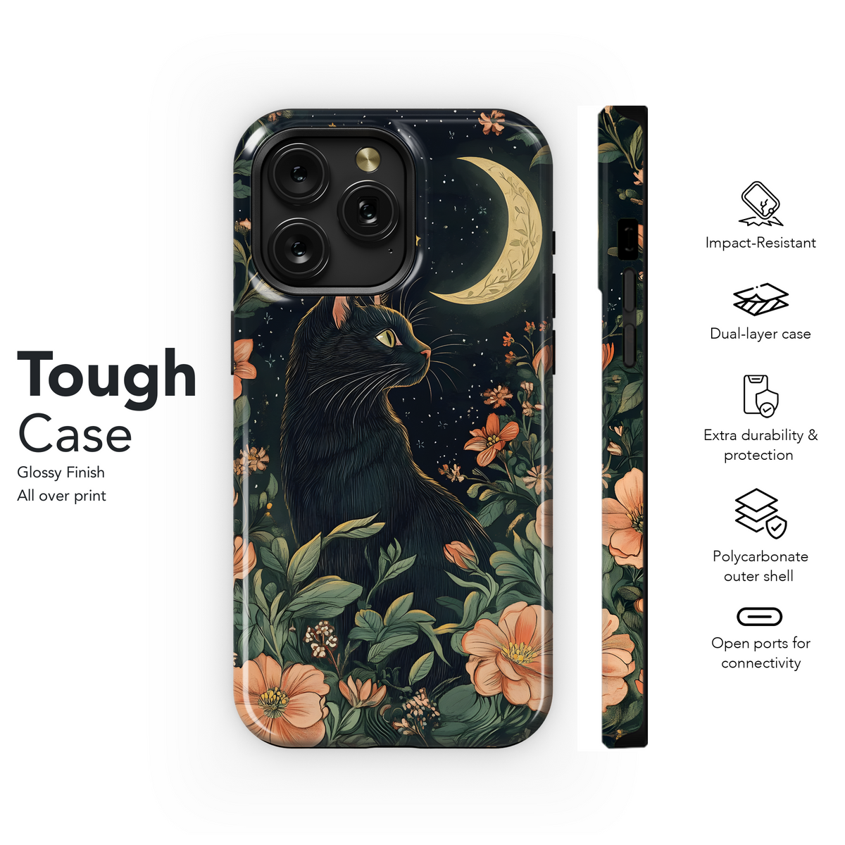 Mystical Night Flower Moon Black Cat Phone Case iPhone Samsung Cover Pixel 3708 - Image 6