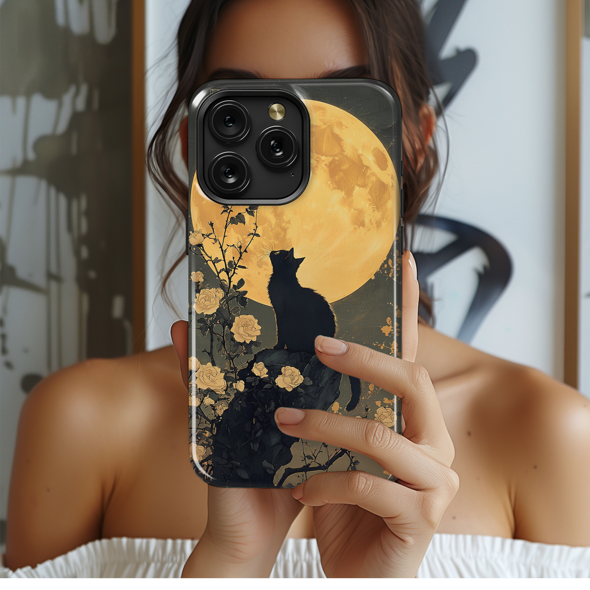 Mystical Night Flower Moon Black Cat Phone Case iPhone Samsung Cover Pixel 3709 - Image 2