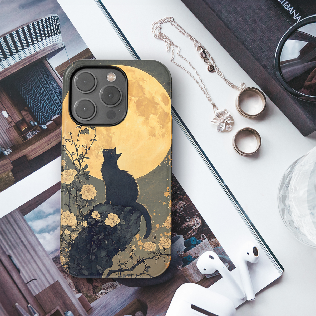 Mystical Night Flower Moon Black Cat Phone Case iPhone Samsung Cover Pixel 3709 - Image 3