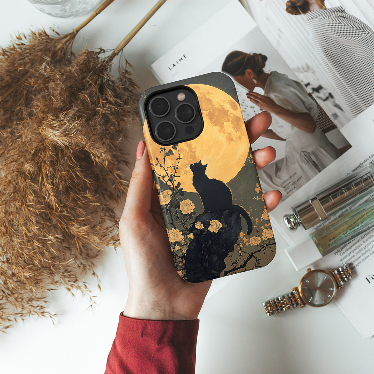 Mystical Night Flower Moon Black Cat Phone Case iPhone Samsung Cover Pixel 3709 - Image 4