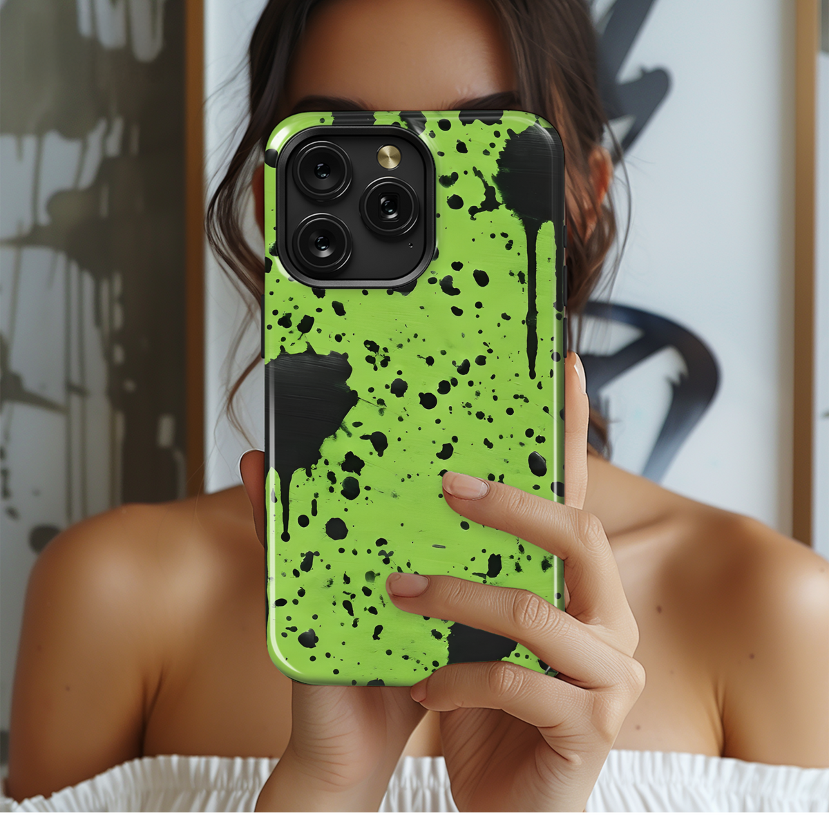 Neon Green with Black Paint Spots Phone Case iPhone Samsung Cover Pixel 3107 - Image 2