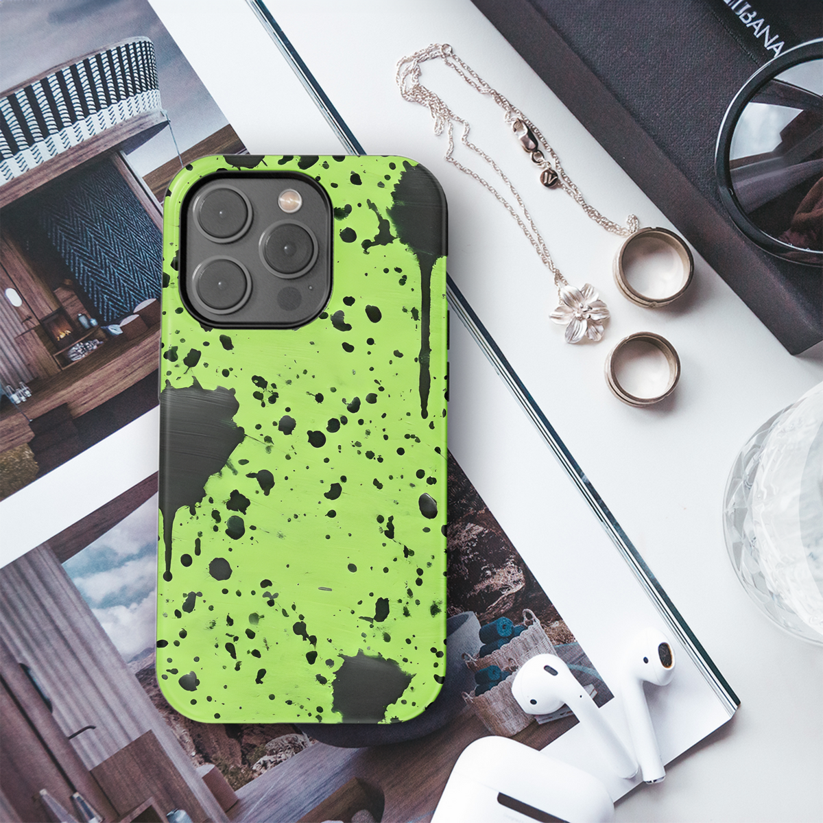 Neon Green with Black Paint Spots Phone Case iPhone Samsung Cover Pixel 3107 - Image 3