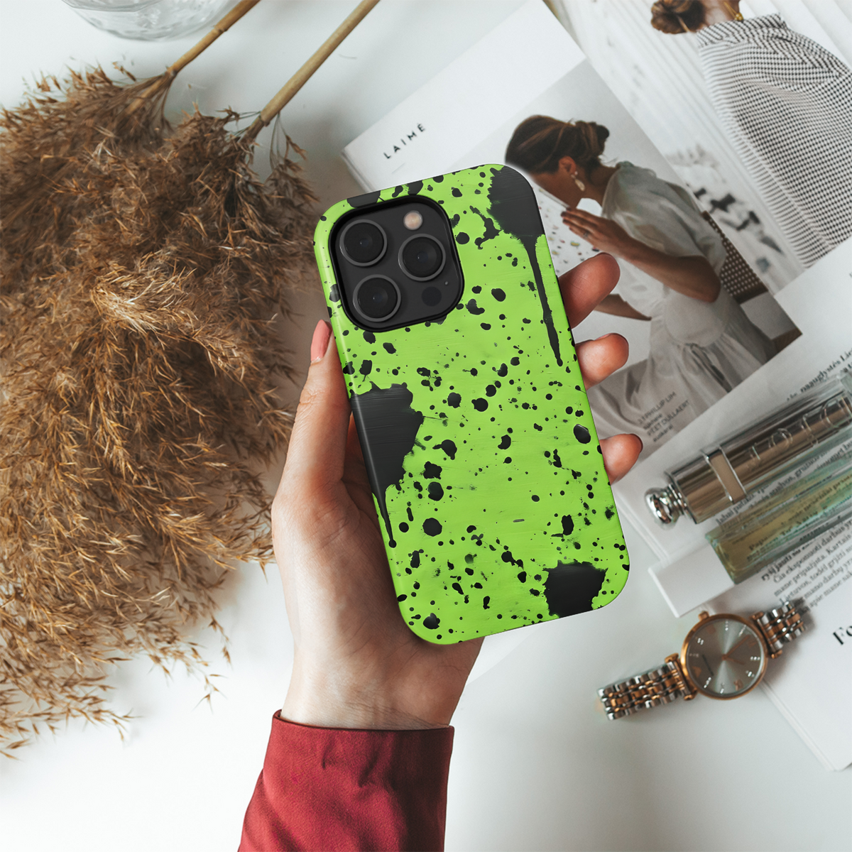 Neon Green with Black Paint Spots Phone Case iPhone Samsung Cover Pixel 3107 - Image 4