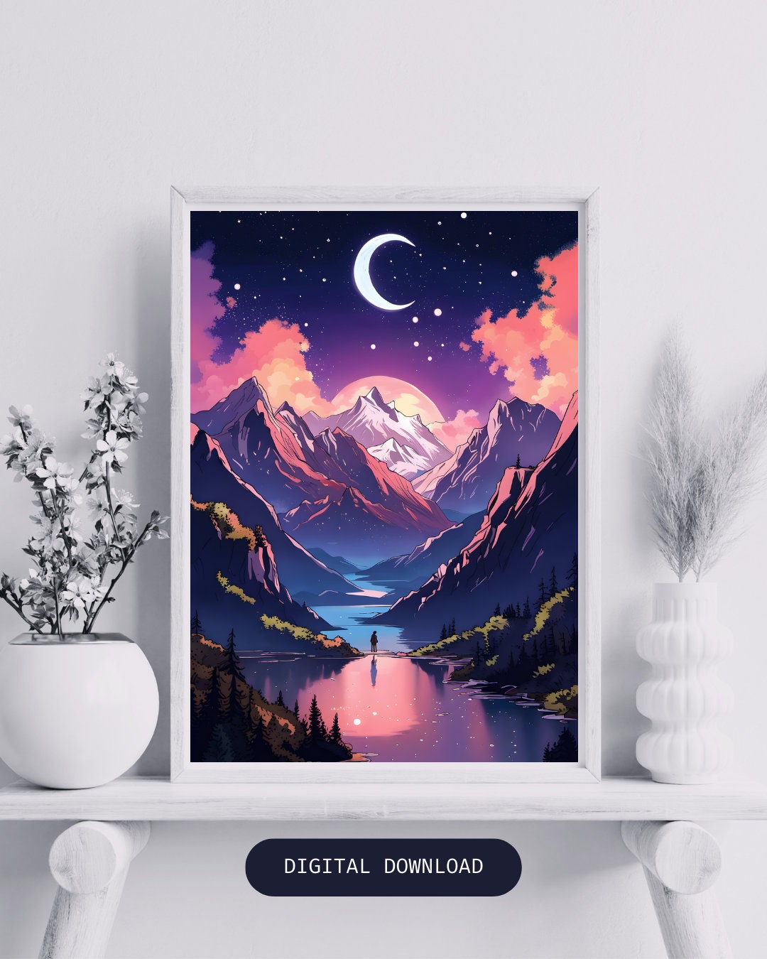 Night Court Print Velaris Acotar Feyre Rhysand Art Court of Thorns & Roses Inspired ACOTAR Digital Print Moon Lake City Mountain Stars Print - Image 1