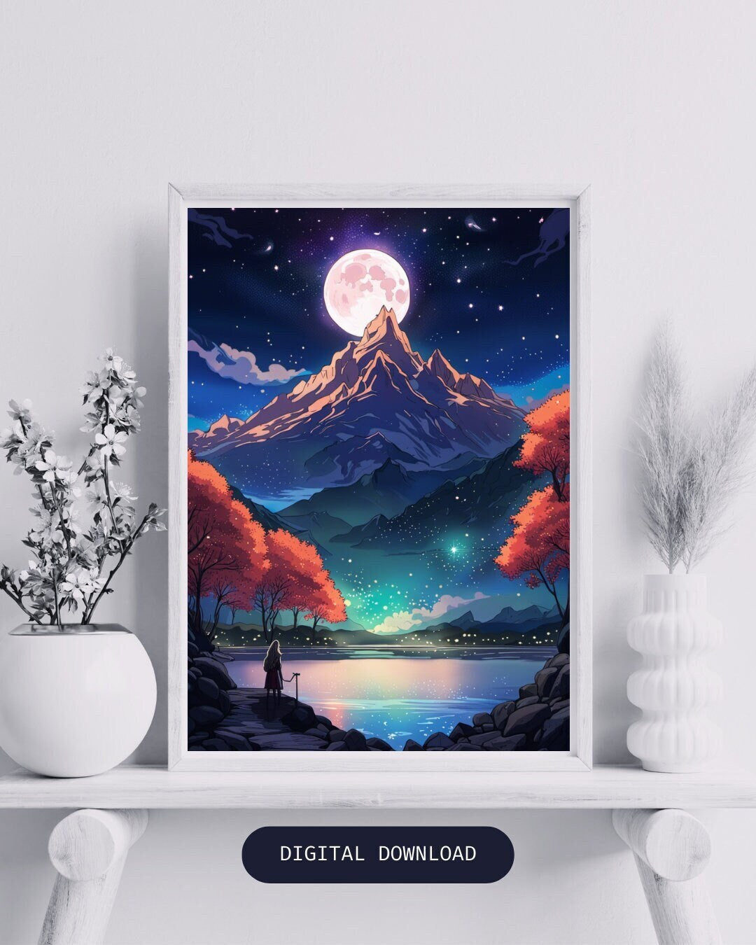 Night Court Print Velaris Acotar Feyre Rhysand Art Court of Thorns & Roses Inspired ACOTAR Digital Print Moon Lake City Mountain Stars Print - Image 1