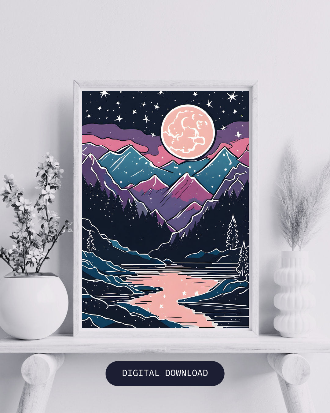 Night Court Print Velaris Acotar Feyre Rhysand Line Art Court of Thorns & Roses Inspired ACOTAR Digital Print Moon Lake Mountain Stars Print - Image 1