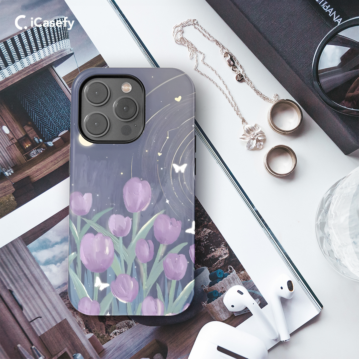 Pastel Tulip Night Butterfly Drawing Celestial Phone Case iPhone Samsung Pixel & More 554 - Image 3