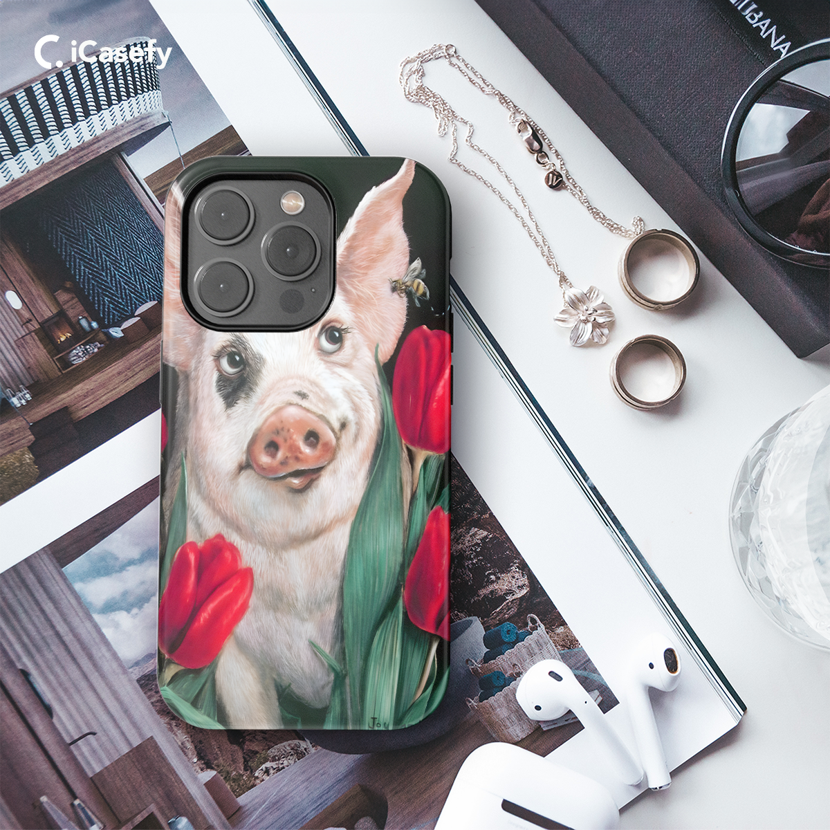 Pig and Tulips Phone Case iPhone Samsung Pixel & More 271 - Image 3