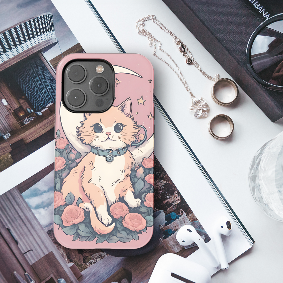 Pink Flower Cat Moon Phone Case iPhone Samsung Cover Pixel 3644 - Image 3