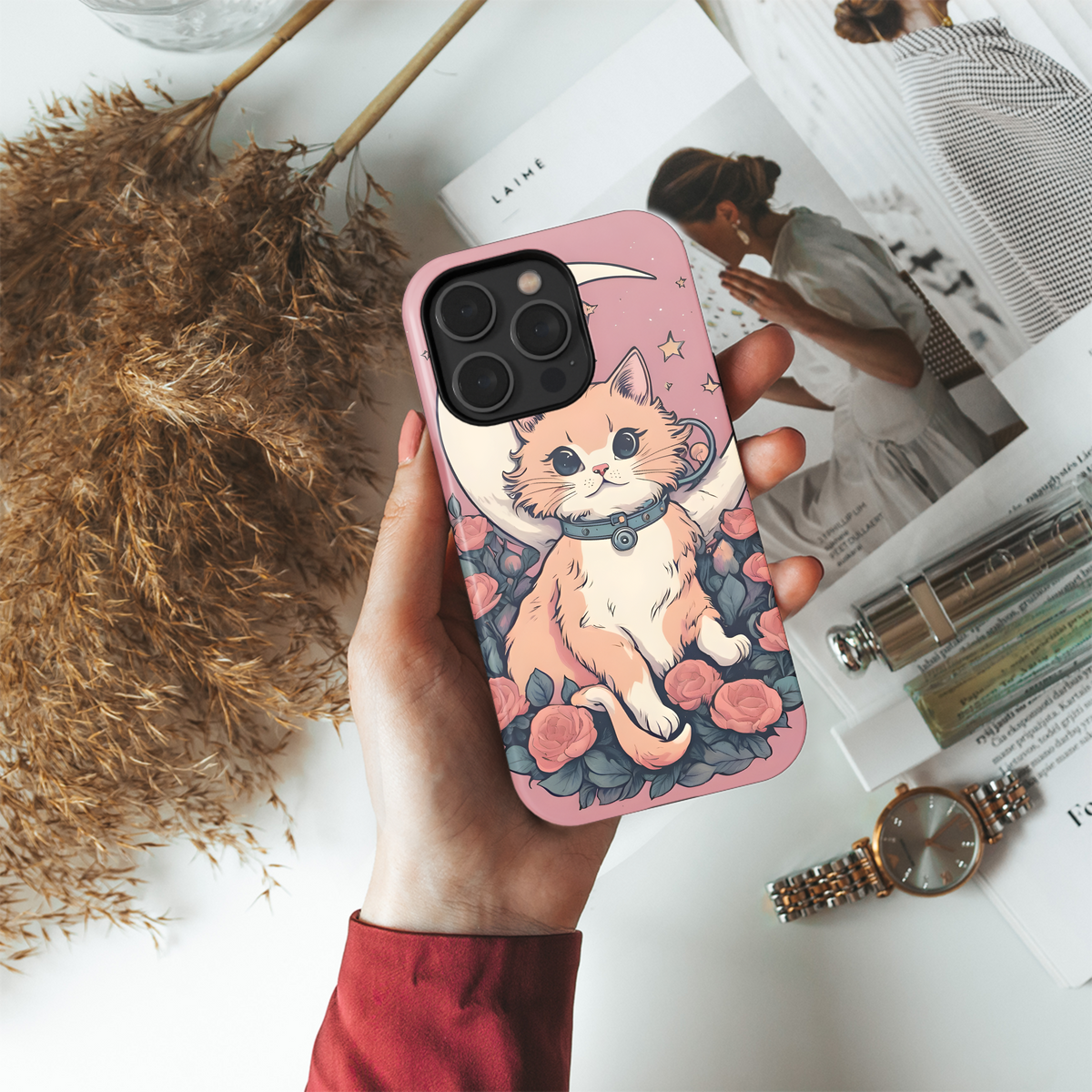 Pink Flower Cat Moon Phone Case iPhone Samsung Cover Pixel 3644 - Image 4