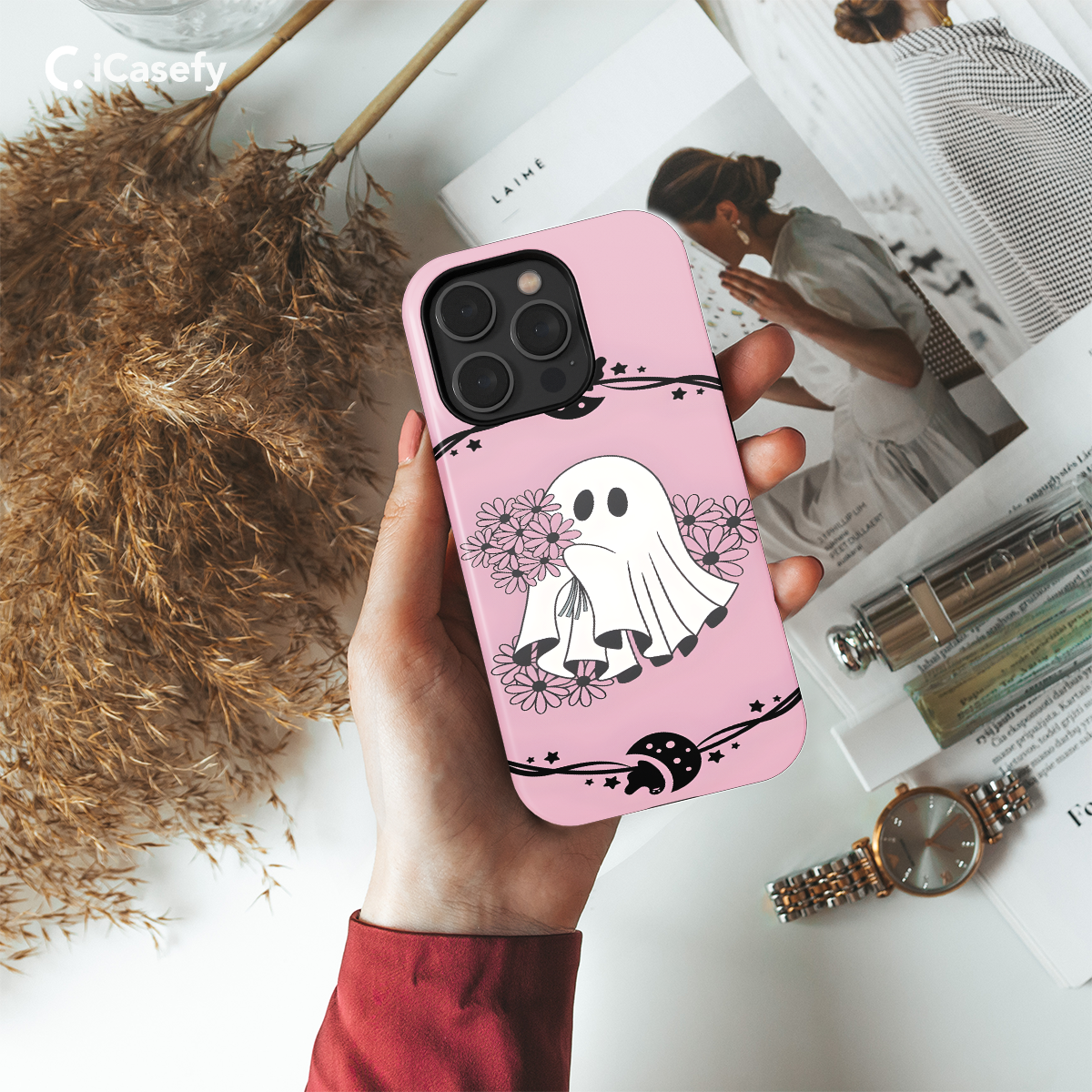 Pink Flower Cute Ghost Halloween Phone Case iPhone Samsung Pixel & More 258 - Image 2