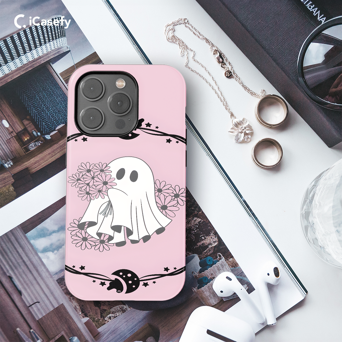 Pink Flower Cute Ghost Halloween Phone Case iPhone Samsung Pixel & More 258 - Image 3