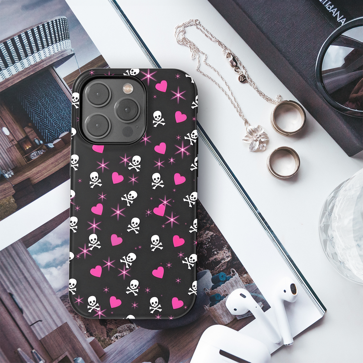 Pink Skull & Hearts Design
 Phone Case iPhone Samsung Cover Pixel 4092 - Image 3