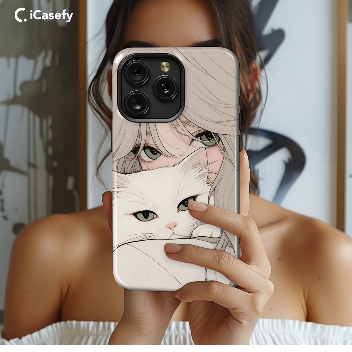 Portrait Blonde Girl with White Cat Animal Phone Case iPhone Samsung Cover Pixel 1776 - Image 2