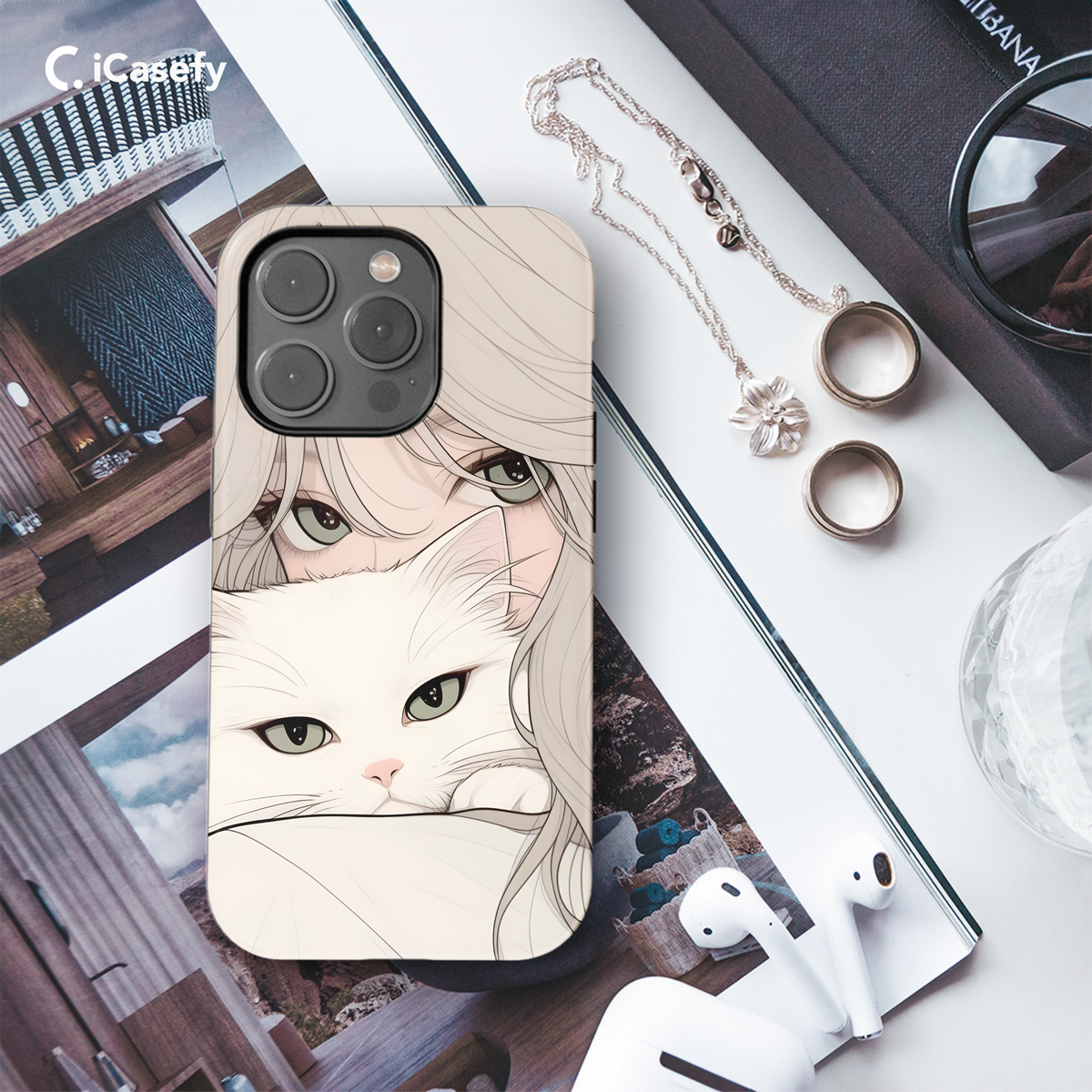 Portrait Blonde Girl with White Cat Animal Phone Case iPhone Samsung Cover Pixel 1776 - Image 3