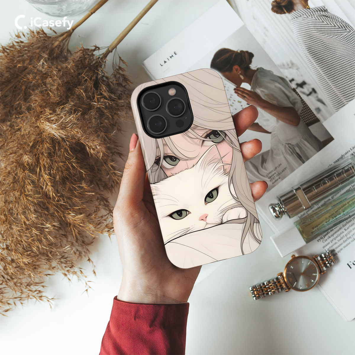 Portrait Blonde Girl with White Cat Animal Phone Case iPhone Samsung Cover Pixel 1776 - Image 4