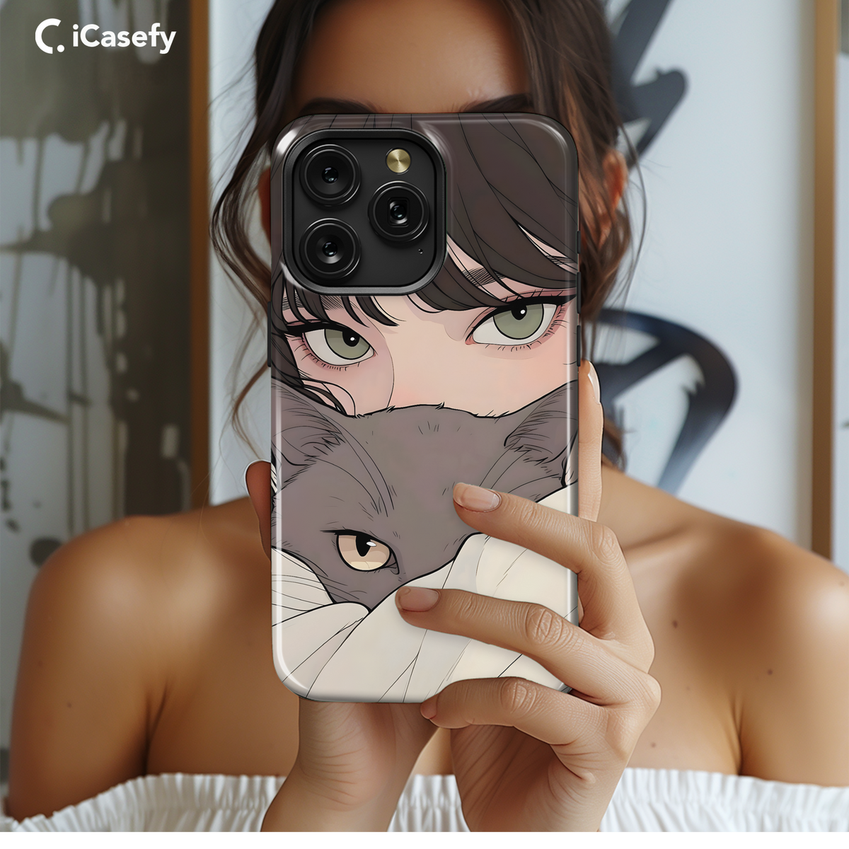 Portrait Brunette Girl with Grey Cat Animal Phone Case iPhone Samsung Cover Pixel 1779 - Image 2