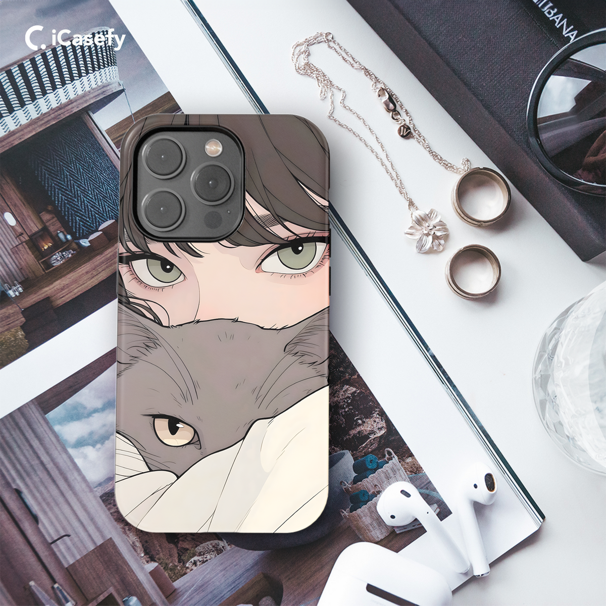 Portrait Brunette Girl with Grey Cat Animal Phone Case iPhone Samsung Cover Pixel 1779 - Image 3