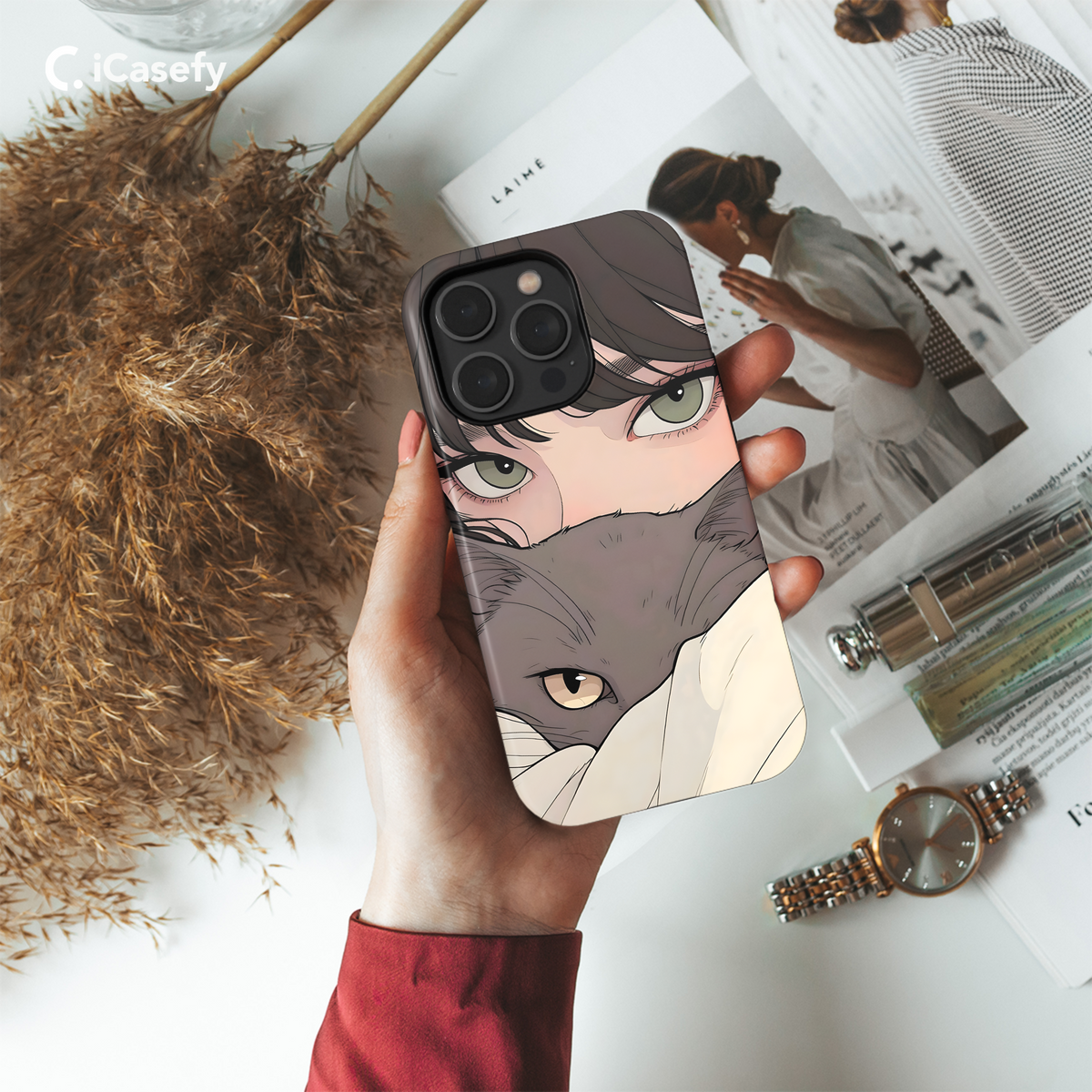 Portrait Brunette Girl with Grey Cat Animal Phone Case iPhone Samsung Cover Pixel 1779 - Image 4