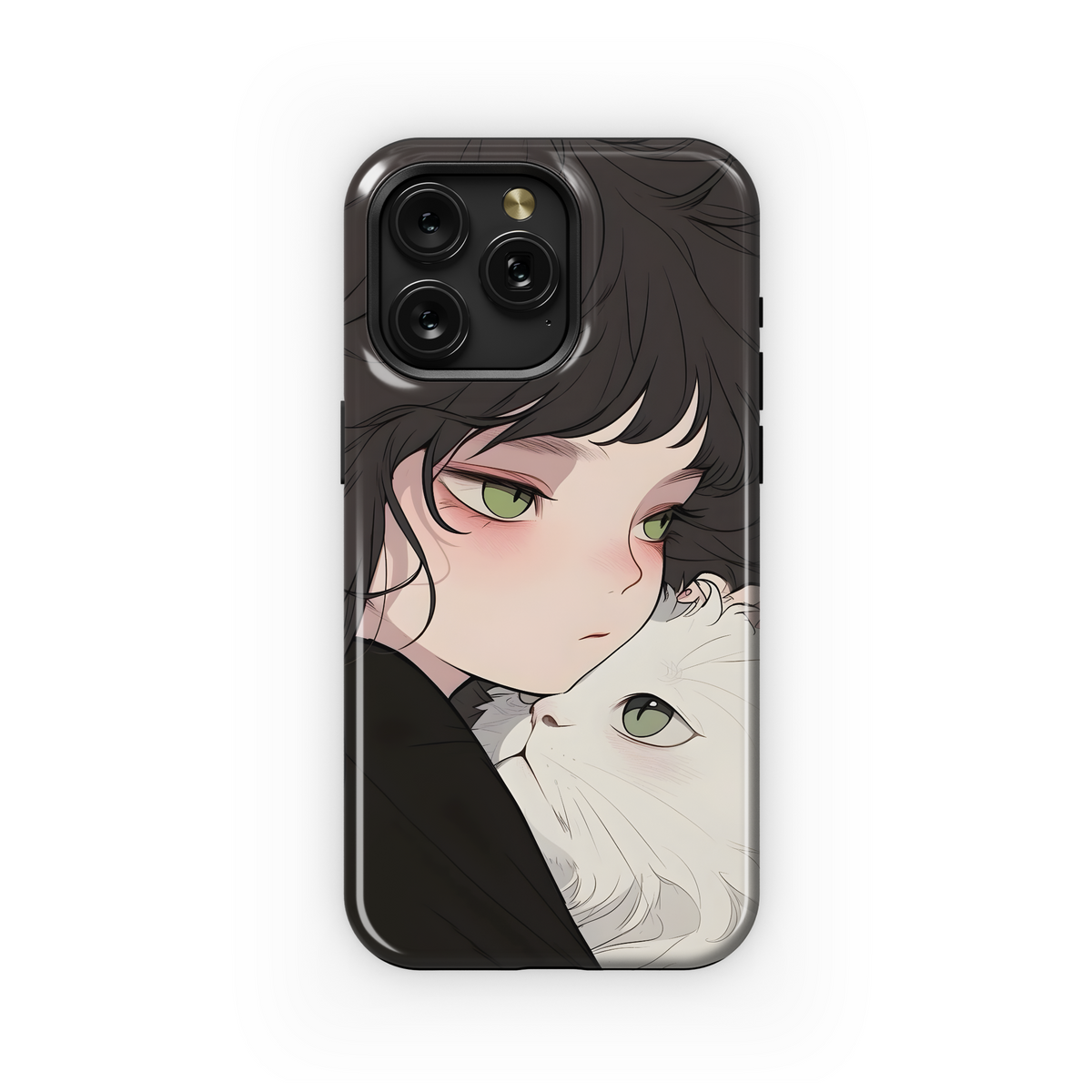 Portrait Brunette Girl with White Cat Animal Phone Case iPhone Samsung Cover Pixel 1782 - Image 1