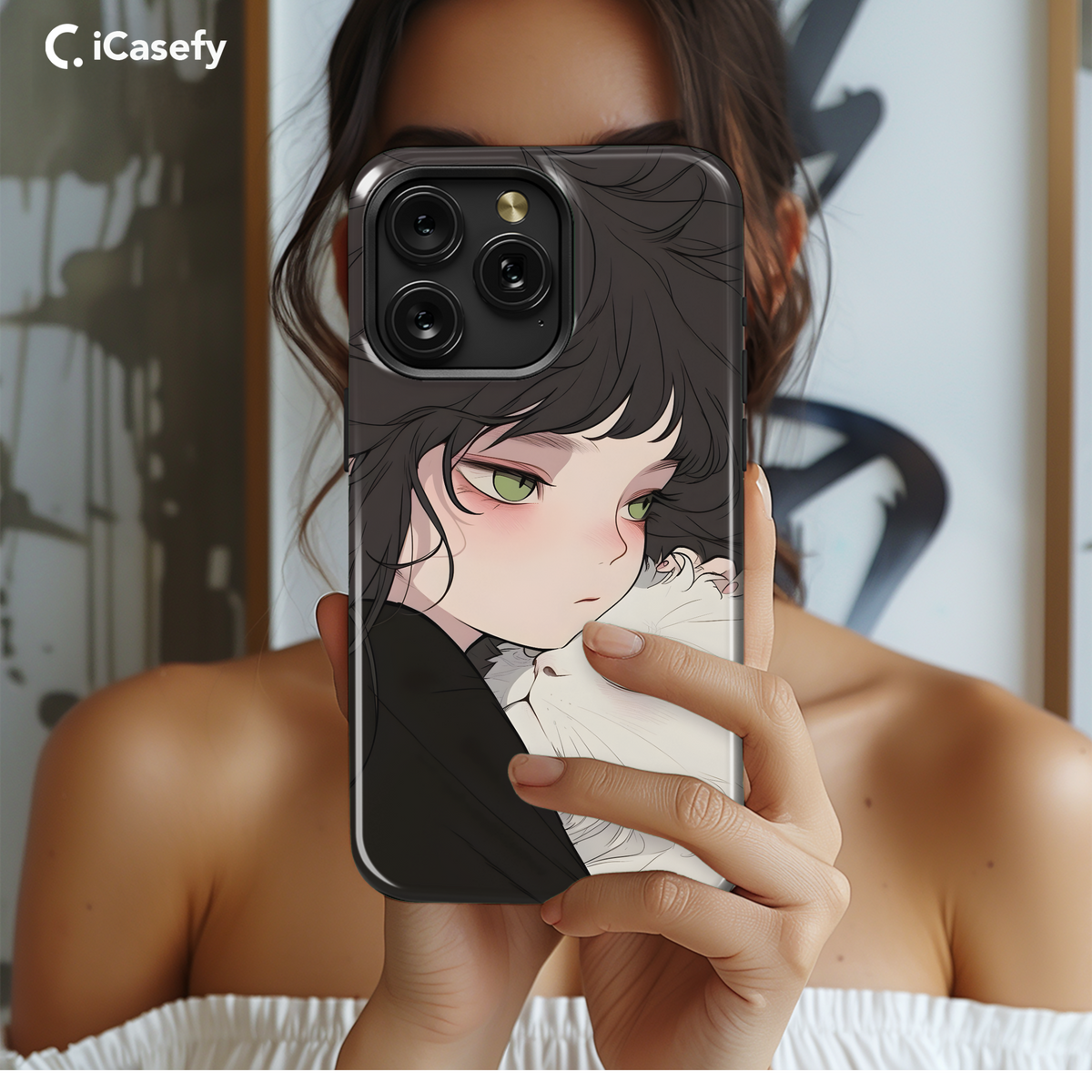 Portrait Brunette Girl with White Cat Animal Phone Case iPhone Samsung Cover Pixel 1782 - Image 2