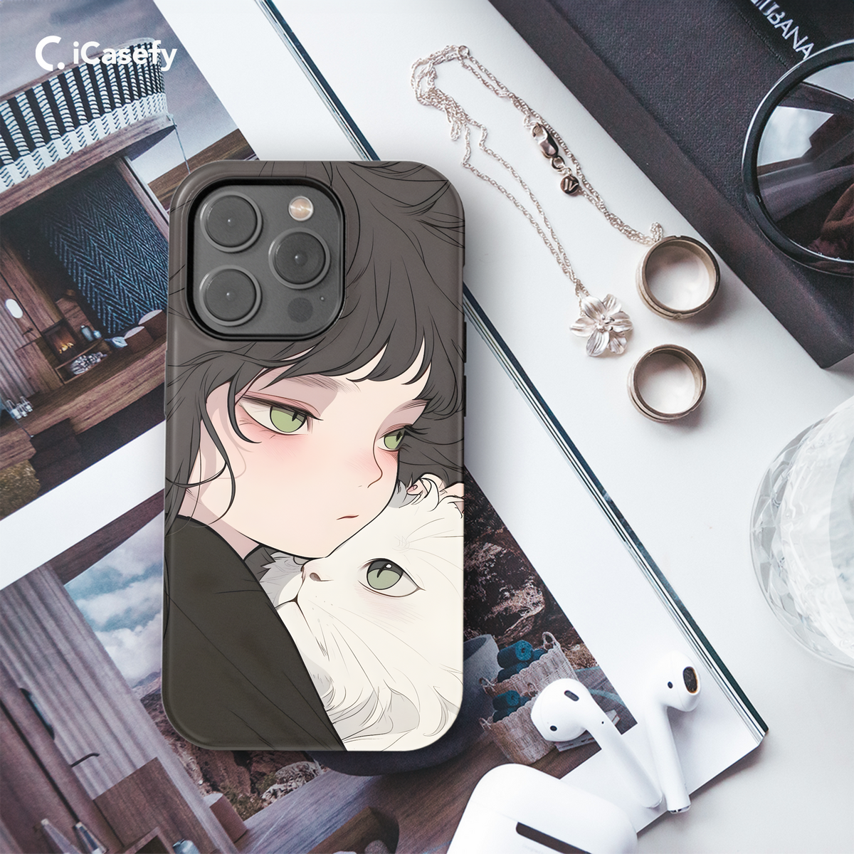 Portrait Brunette Girl with White Cat Animal Phone Case iPhone Samsung Cover Pixel 1782 - Image 3