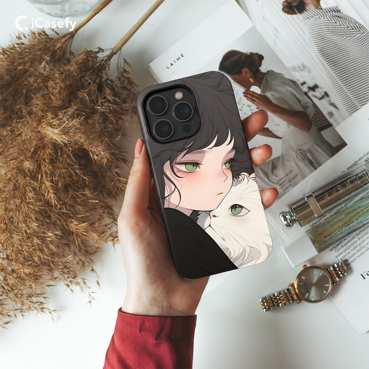 Portrait Brunette Girl with White Cat Animal Phone Case iPhone Samsung Cover Pixel 1782 - Image 4