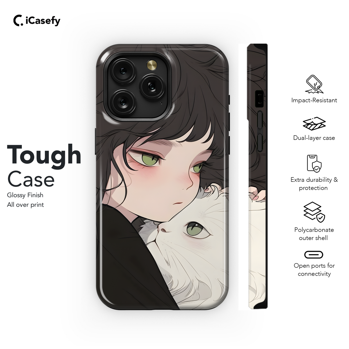 Portrait Brunette Girl with White Cat Animal Phone Case iPhone Samsung Cover Pixel 1782 - Image 6