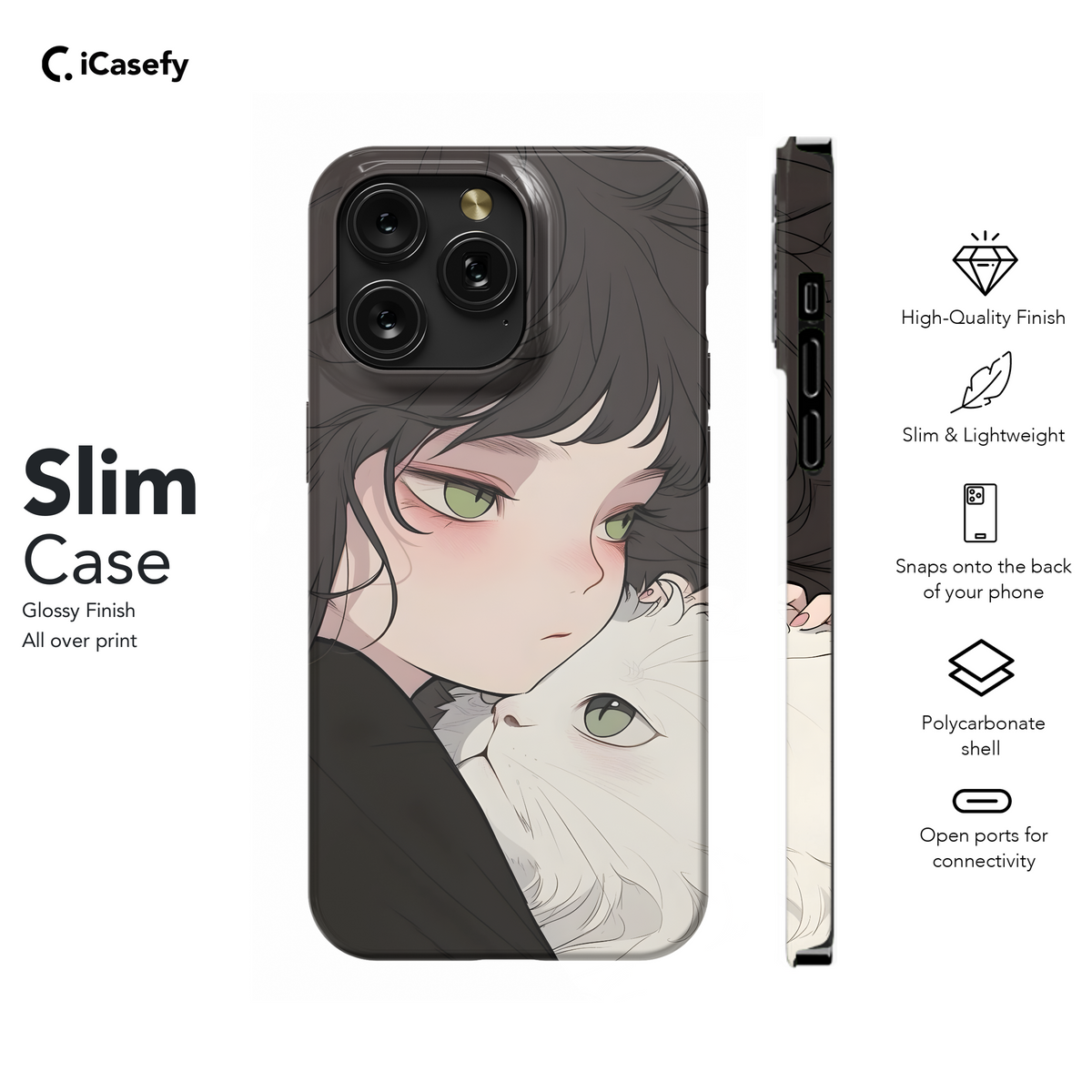 Portrait Brunette Girl with White Cat Animal Phone Case iPhone Samsung Cover Pixel 1782 - Image 7