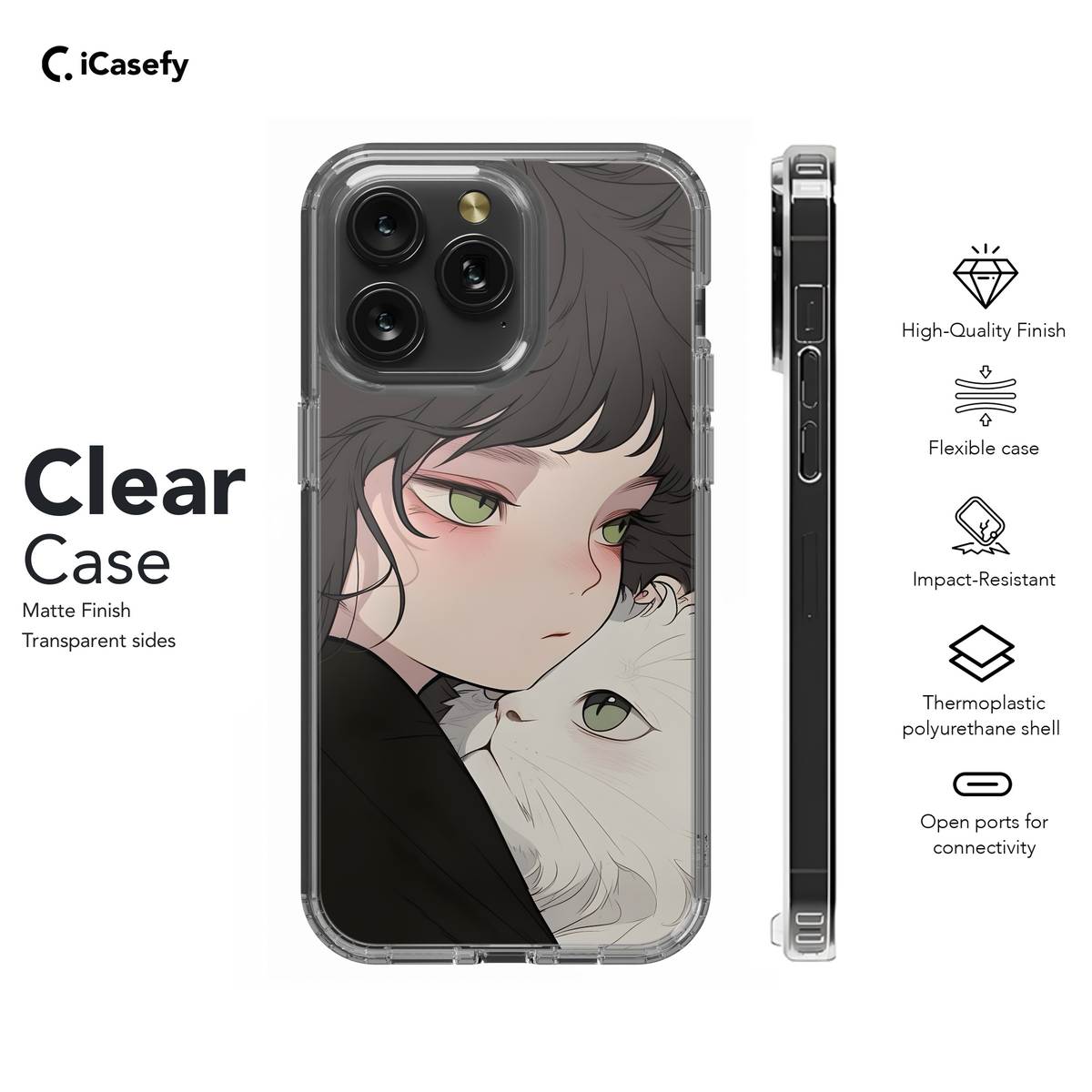 Portrait Brunette Girl with White Cat Animal Phone Case iPhone Samsung Cover Pixel 1782 - Image 8