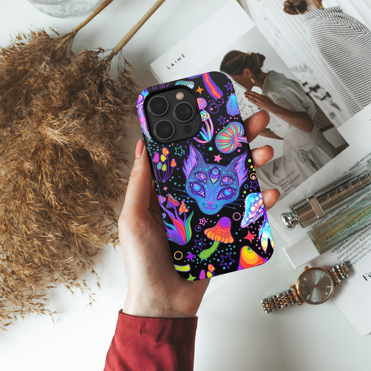 Psychedelic Hippie Magic Cat Mushroom Phone Case iPhone Samsung Cover Pixel 2672 - Image 4