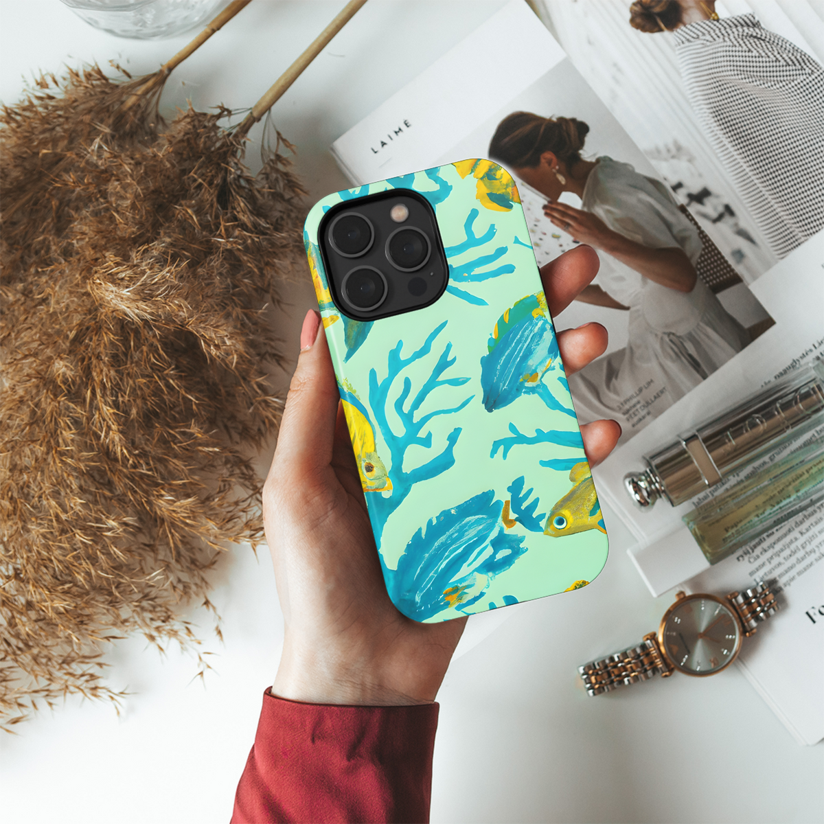 realistic watercolor , tiger stripe, fish, coral, sea fans, parrot fish Phone Case iPhone Samsung Cover Pixel 3372 - Image 4