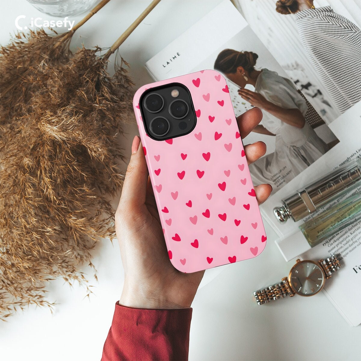 Red Heart Phone Case Cute Trendy Pink Girl Minimalist Love Cover - Image 1