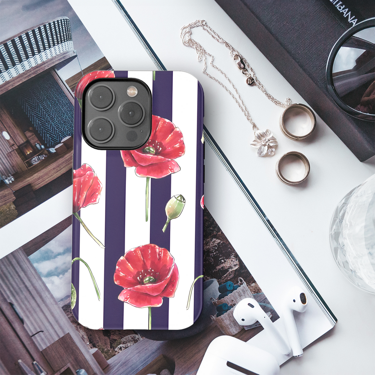 Red Poppy Flowers Striped Phone Case iPhone Samsung Cover Pixel 2572 - Image 3