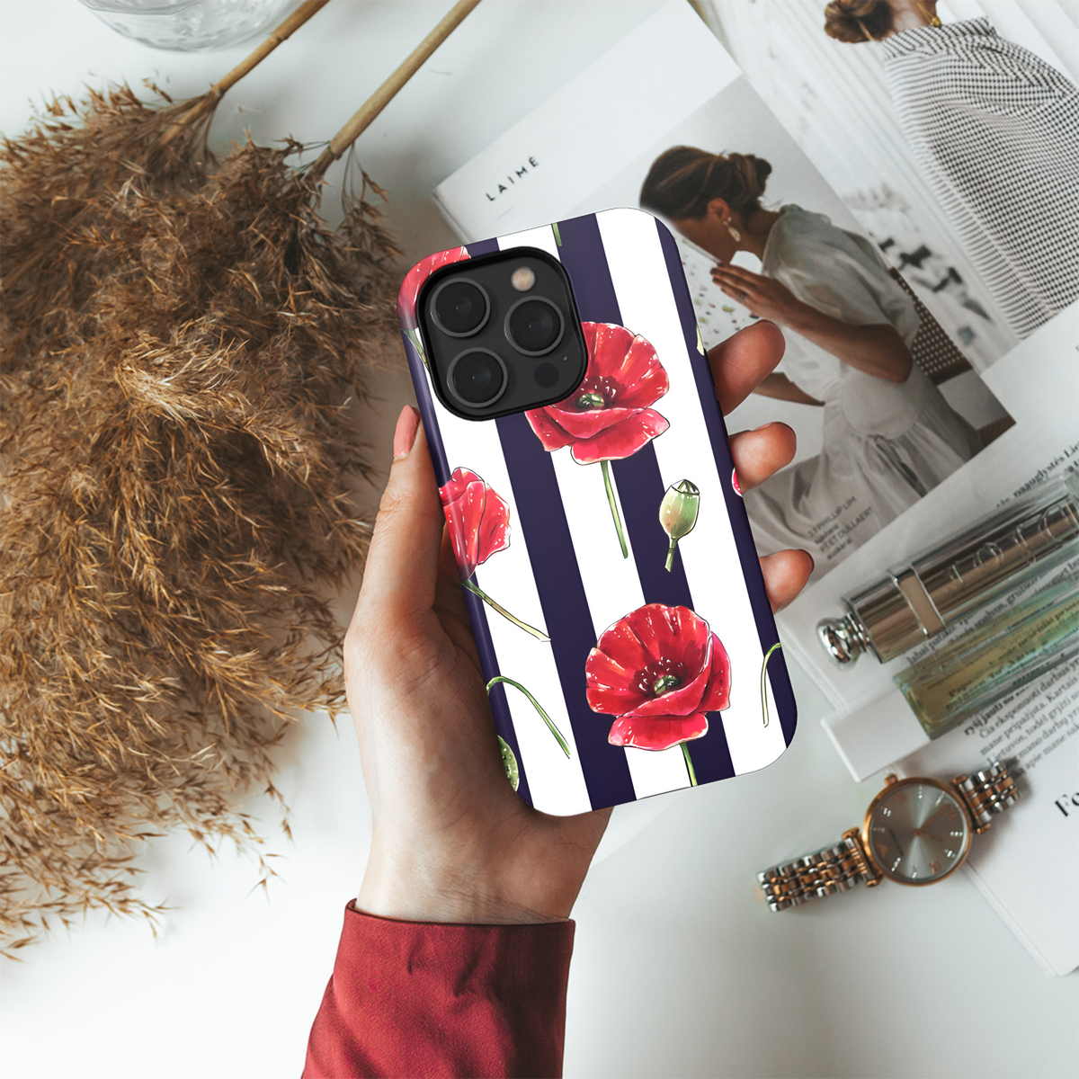 Red Poppy Flowers Striped Phone Case iPhone Samsung Cover Pixel 2572 - Image 4