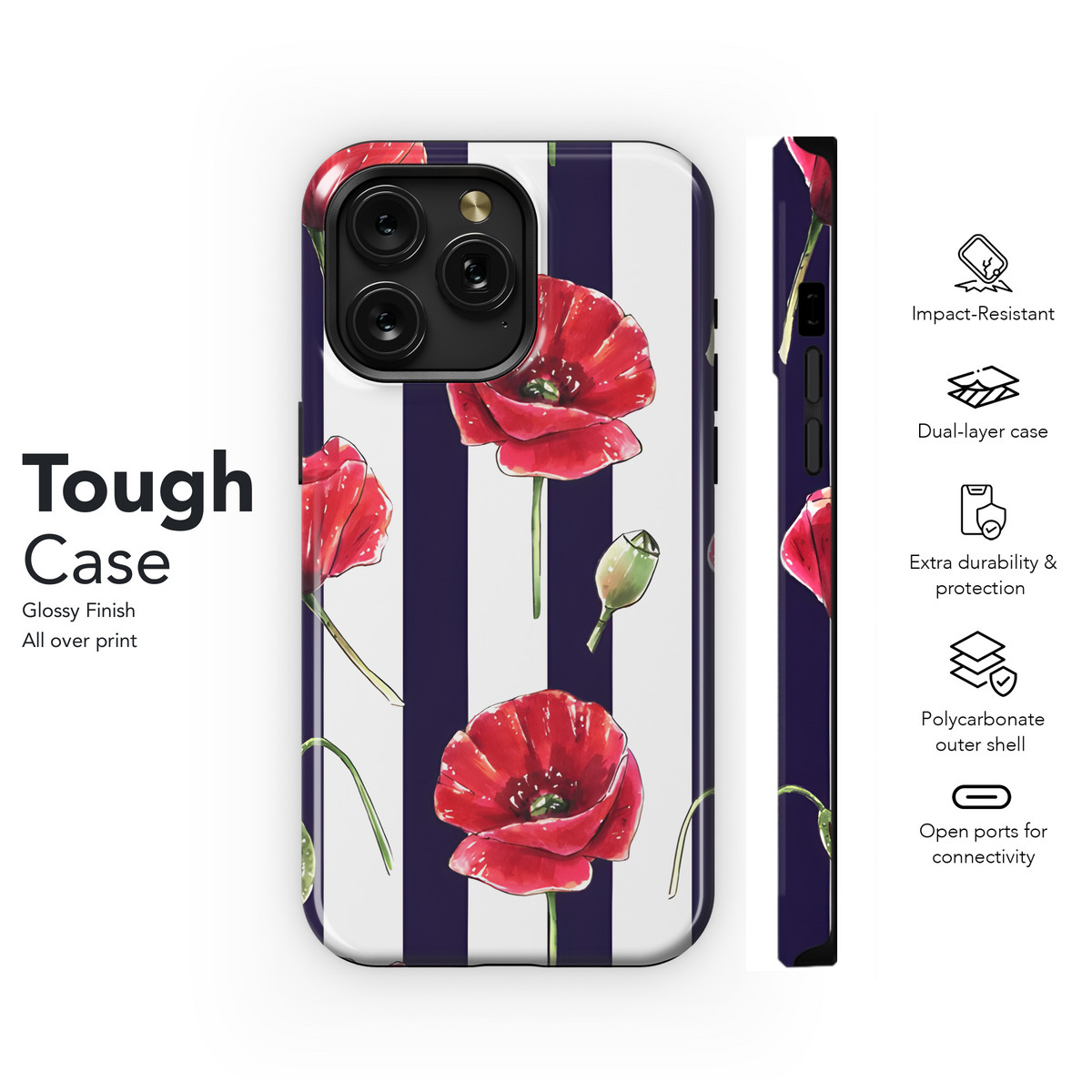 Red Poppy Flowers Striped Phone Case iPhone Samsung Cover Pixel 2572 - Image 6