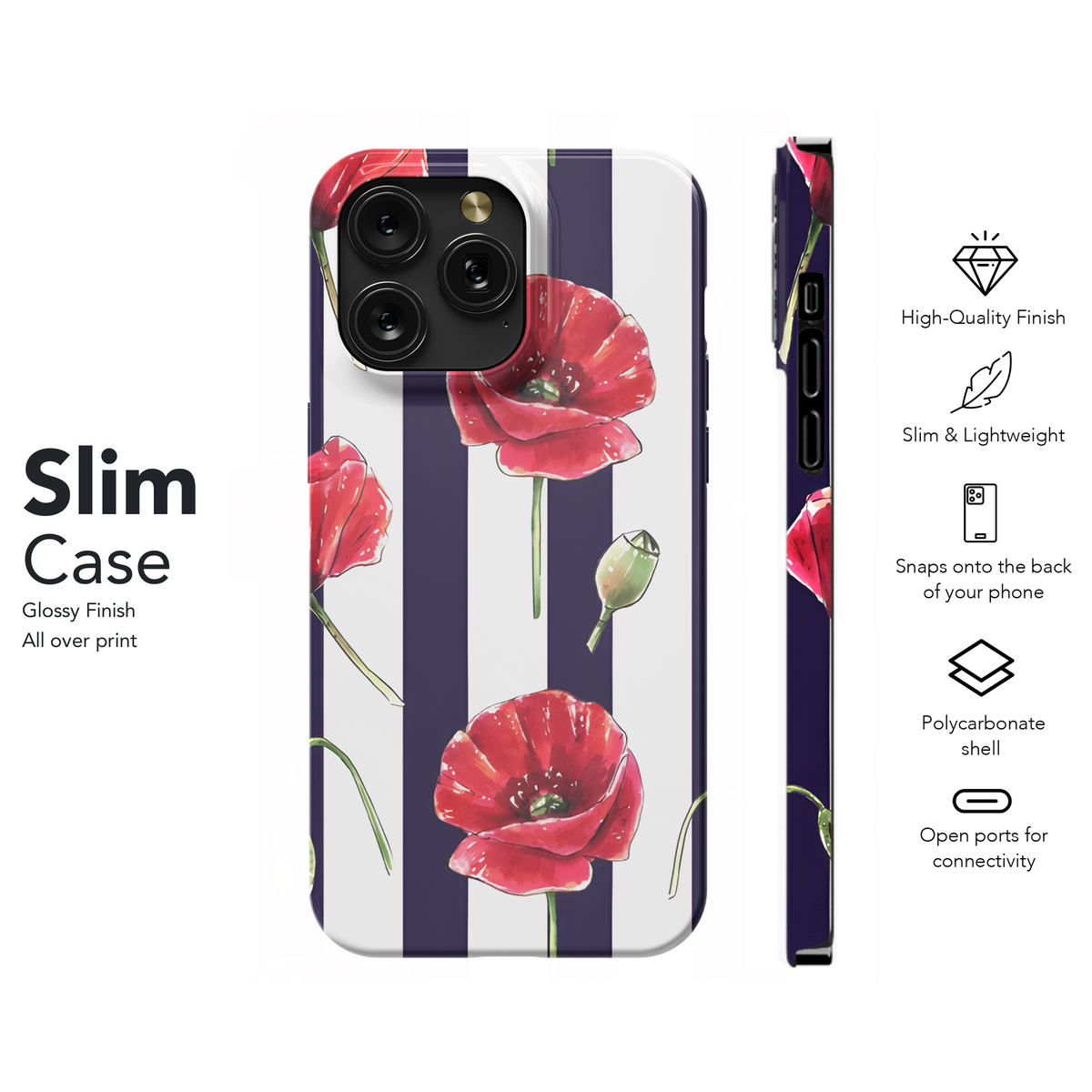 Red Poppy Flowers Striped Phone Case iPhone Samsung Cover Pixel 2572 - Image 7