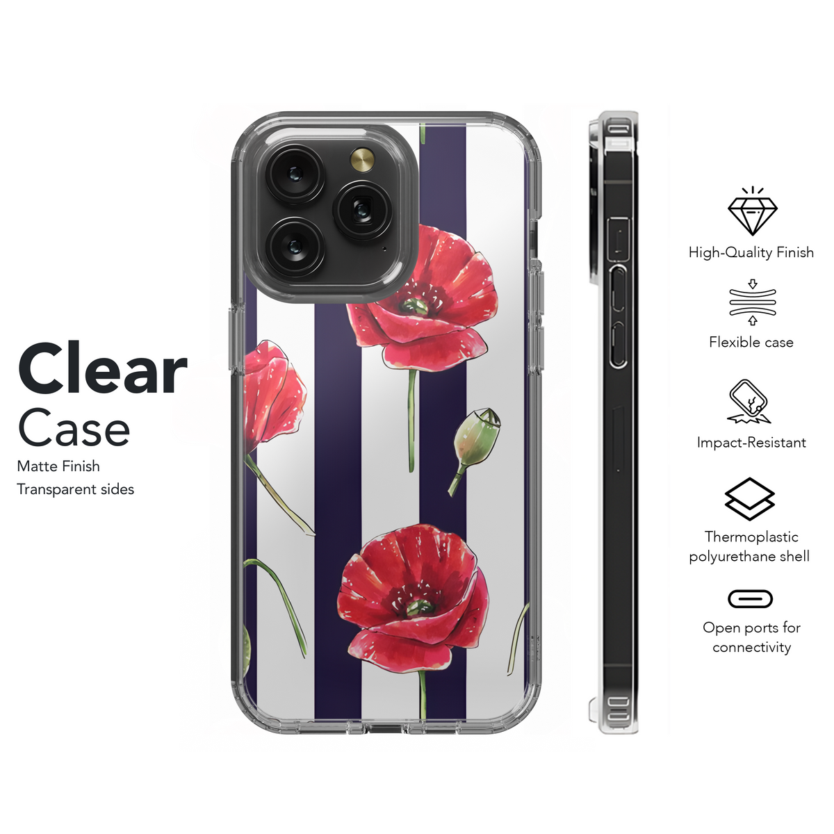 Red Poppy Flowers Striped Phone Case iPhone Samsung Cover Pixel 2572 - Image 8