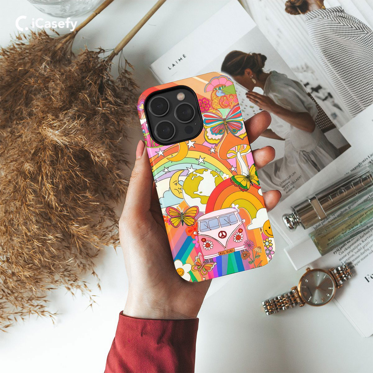 Retro Groovy Hippie Floral Rainbow Trippy Phone Case iPhone Samsung Pixel & More #329 - Image 2