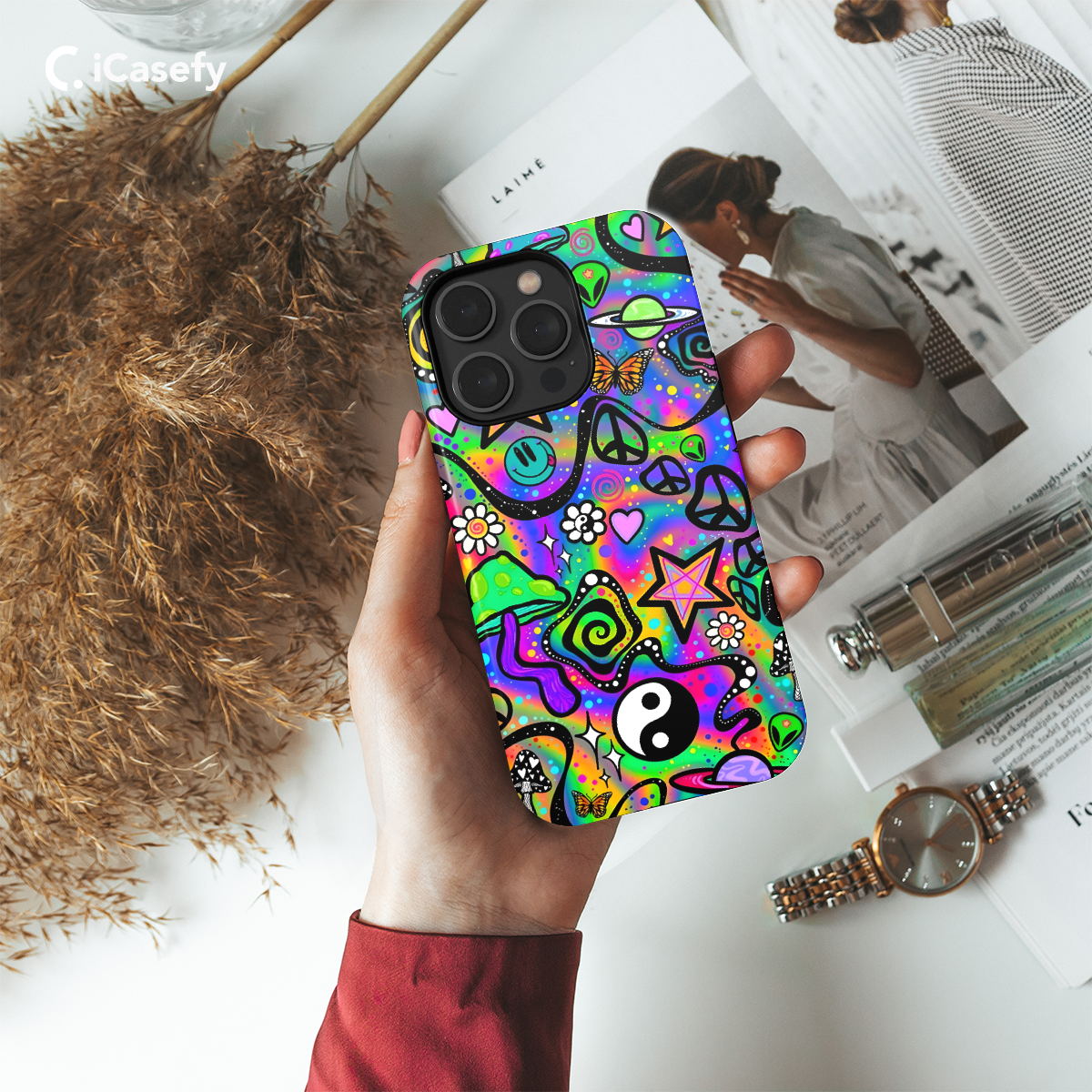 Retro Groovy Hippie Floral Rainbow Trippy Phone Case iPhone Samsung Pixel & More 401 - Image 2